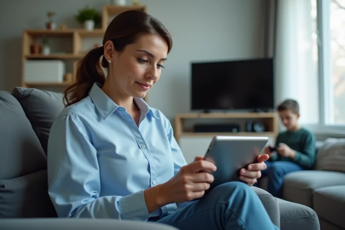 Mère configurant les paramètres de contrôle parental sur une tablette à côté de son fils joueur