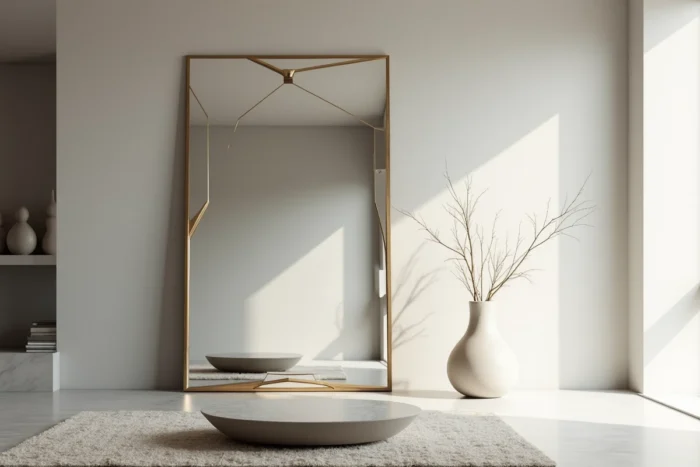 Grand miroir architectural à cadre géométrique en laiton brossé appuyé contre un mur gris qui restructure la profondeur visuelle d'un salon minimaliste