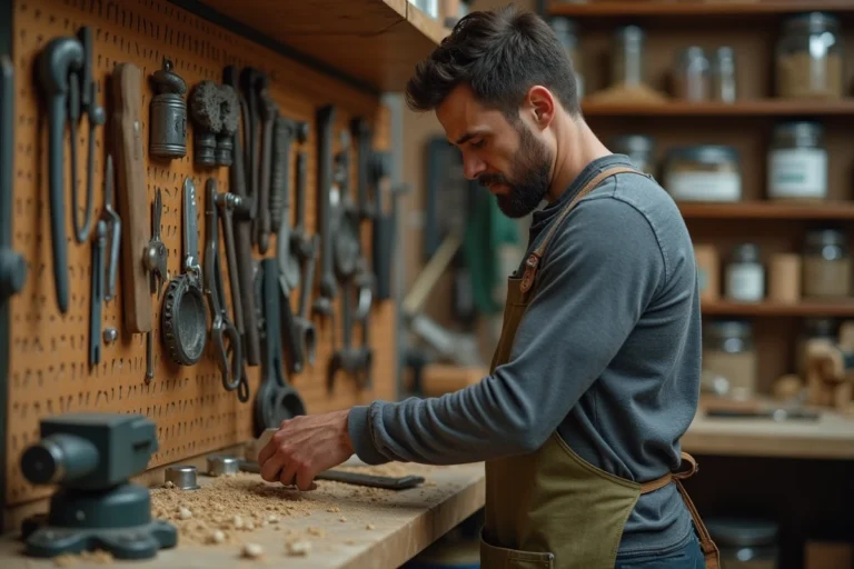 Homme organisant ses outils de bricolage sur un panneau perforé dans un atelier maison authentique