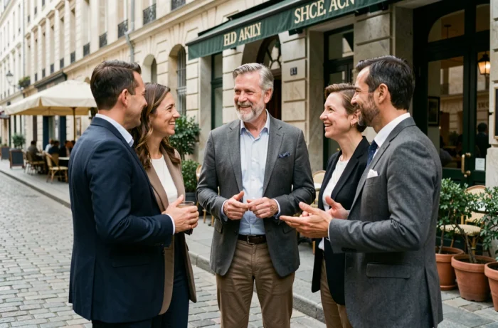 Groupe d'adultes d'origines diverses en conversation dans une rue européenne, illustrant la thématique des origines et de la nationalité dans le contexte de l'histoire familiale de Matthis Abline