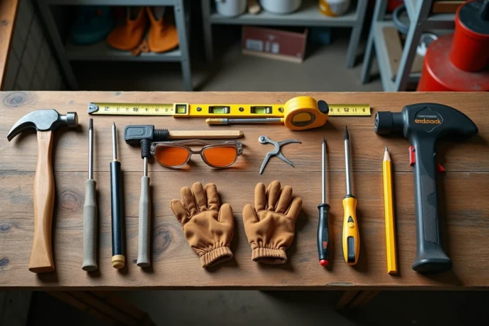 Vue de dessus des outils essentiels pour débuter le bricolage sur un établi en chêne