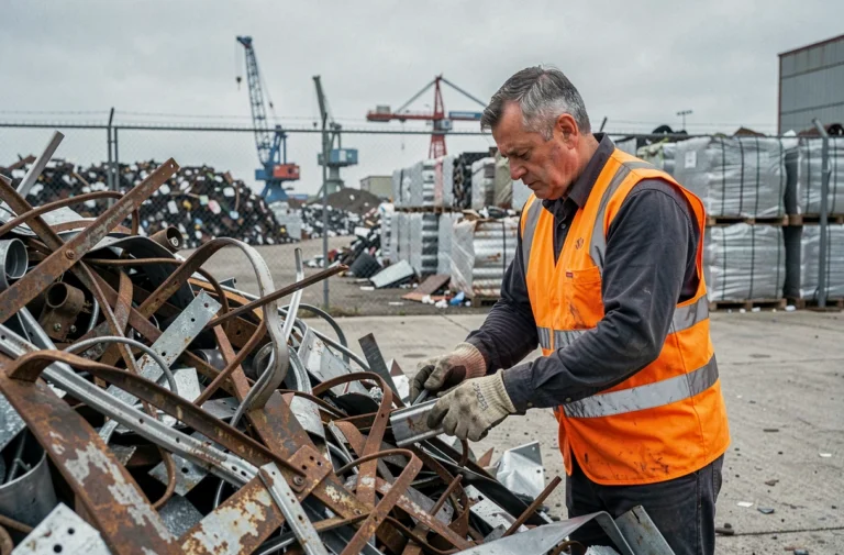 Ouvrier triant des métaux ferreux dans un centre de recyclage Derichebourg, illustrant le processus de collecte de ferraille industrielle