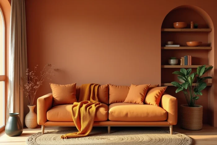 Salon décoré dans une palette terracotta et ocre avec canapé lin orange brûlé, murs en enduit argile et accessoires en rotin naturel