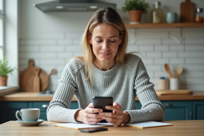 Parent consultant le portail Pronote du collège Jules Ferry sur son smartphone dans la cuisine