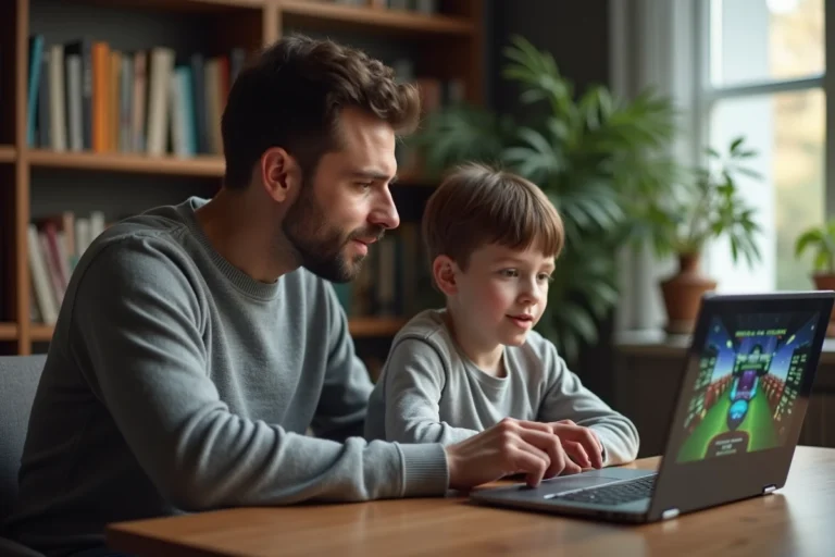 Parent et adolescent regardant ensemble les paramètres de contrôle parental sur un ordinateur portable