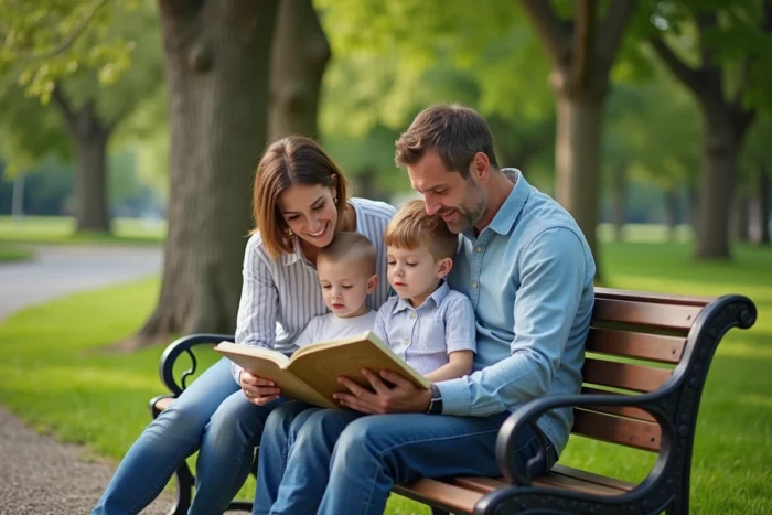 Deux parents lisant un livre illustré à leurs enfants assis sur un banc dans un parc urbain, moment de lecture familiale en plein air