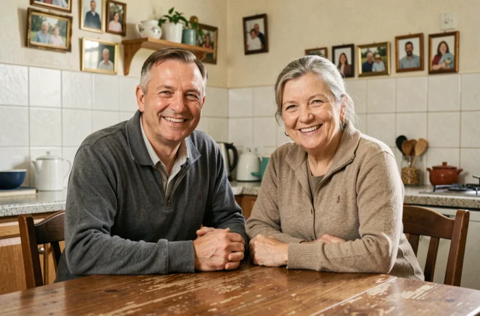 Couple de parents souriants assis à une table de cuisine familiale, évoquant les origines et la nationalité des parents d'un footballeur français comme Matthis Abline