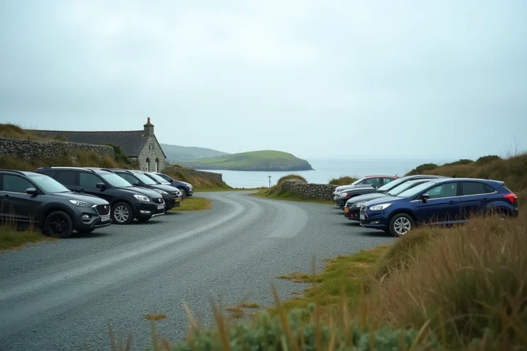 Parking en gravier près de Saint Cado avec vue sur la chaussée menant à l'île bretonne