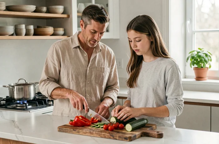 Père et fille adolescente qui préparent des légumes frais ensemble dans une cuisine moderne, moment de partage et d'apprentissage culinaire en famille