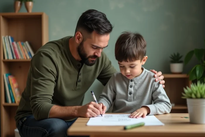 Père aidant son fils à dessiner à un bureau en bois dans un coin bureau à domicile, moment d'accompagnement parental bienveillant