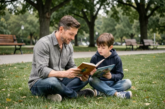 Père et fils lisant un livre illustré ensemble dans un parc, moment de partage favorisant le développement de l'enfant