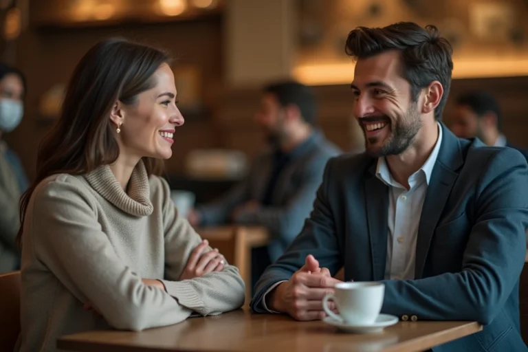 Femme méfiante face à un homme manipulateur dans un café, illustrant comment déjouer les fausses intentions d'une personne manipulatrice