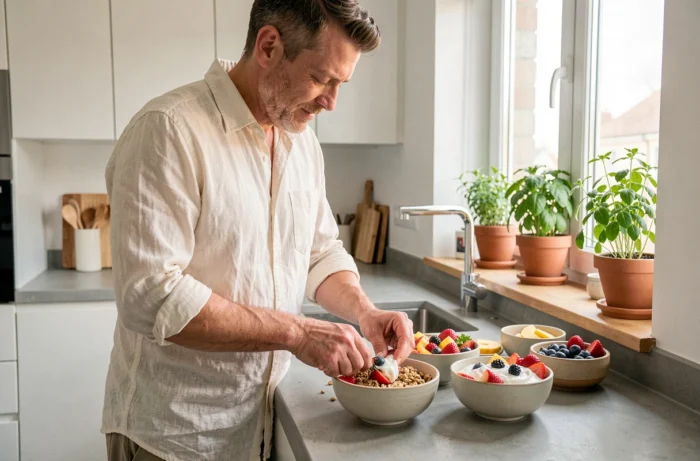 Homme préparant un petit-déjeuner sain et coloré dans une cuisine moderne avec des bols de fruits frais et de granola