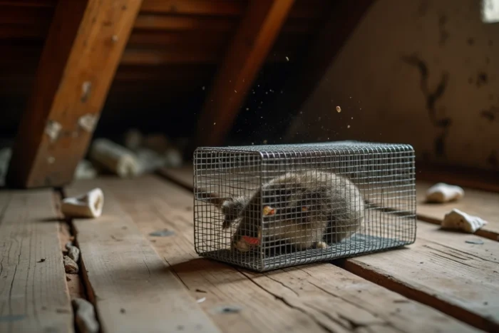 Piège à fouine mécanique en cage métallique posé sur le plancher d'un grenier en bois