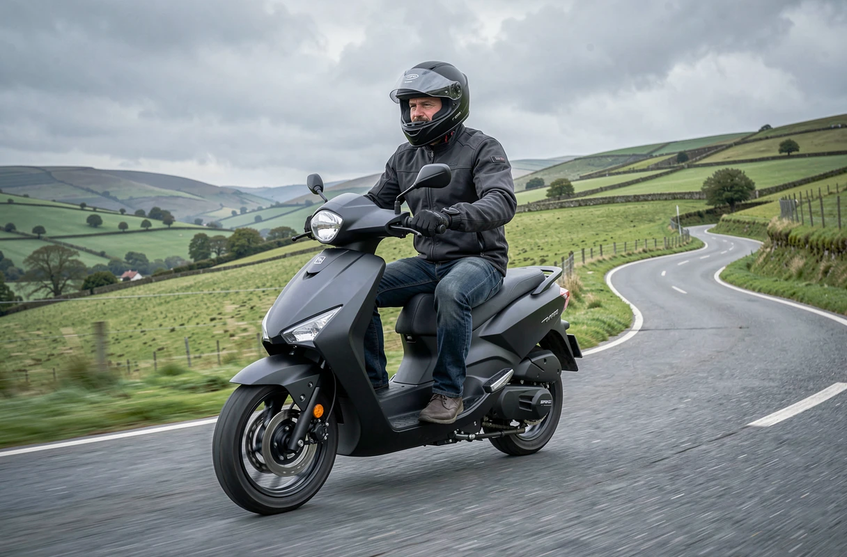 Pilote en veste textile conduisant un maxi scooter 400 cm3 noir mat sur une route de campagne sinueuse