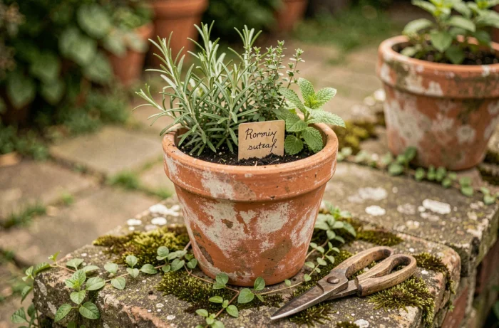 Pot en terre cuite rempli d'herbes aromatiques variées posé sur une pierre mousseuse dans un jardin potager, ambiance artisanale et naturelle