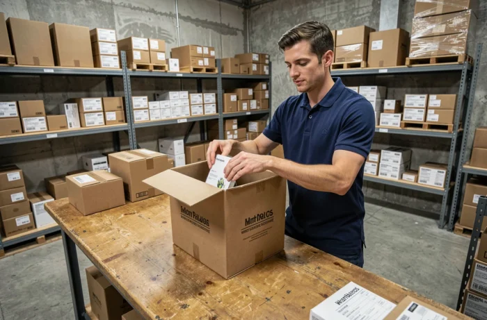 Homme préparant des commandes e-commerce dans un entrepôt de fulfillment avec des étagères de produits organisées