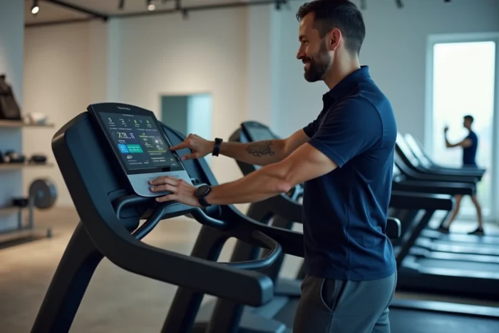 Homme présentant les fonctionnalités de l'écran tactile du tapis de course Sportstech F37 en showroom
