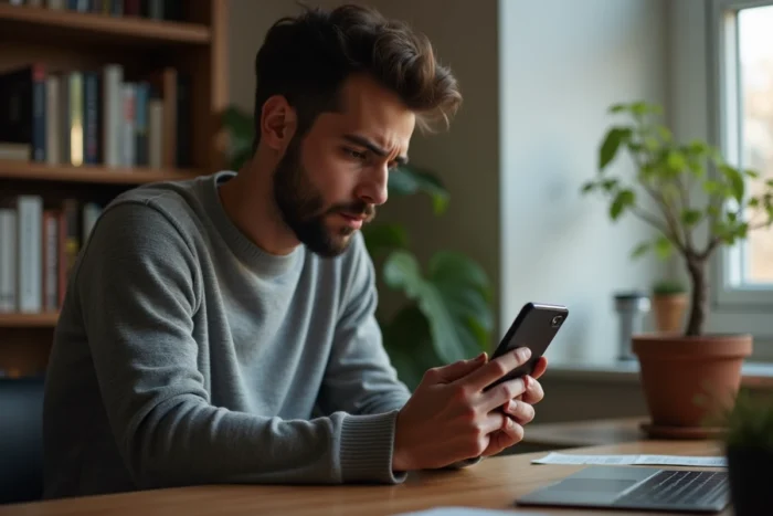 Jeune homme réfléchissant à un message manipulateur sur son téléphone, illustrant la prise de conscience face à la manipulation