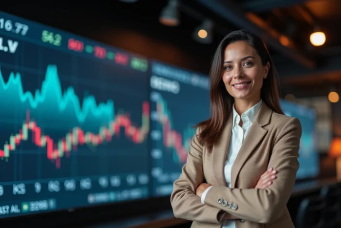 Professionnelle de la finance devant un écran de données boursières en temps réel, illustrant l'analyse d'investissement en actions cotées en bourse