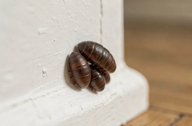 Pupes de mouche brunes collées sur un mur blanc intérieur, vue macro rapprochée montrant leur texture et leur forme ovale segmentée