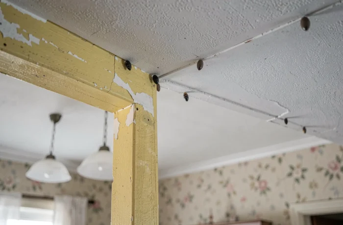 Pupes de mouche visibles dans un angle de plafond d'une vieille maison, vue en contre-plongée sur du plâtre texturé jauni