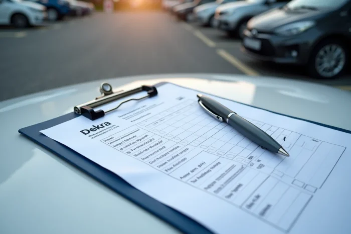 Gros plan sur un rapport de contrôle technique Dekra posé sur le capot d'une voiture avec un stylo