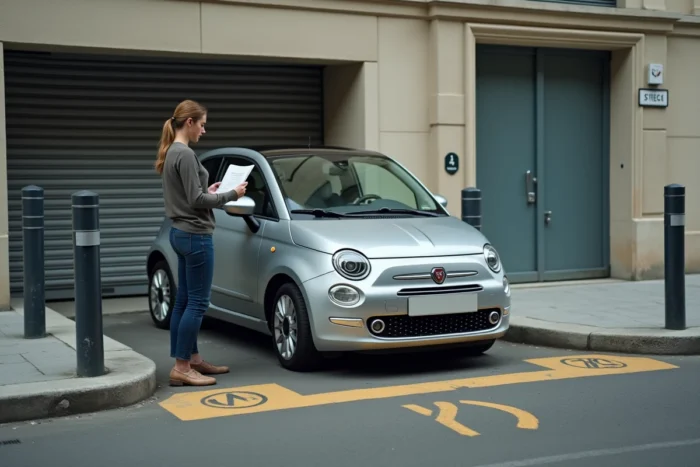 Conductrice consultant la réglementation sur les distances à respecter devant une sortie de garage en milieu urbain