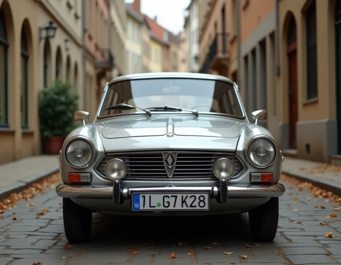 Renault 30 V8 argent métallisé garée sur pavés européens, vue trois quarts avant grand angle