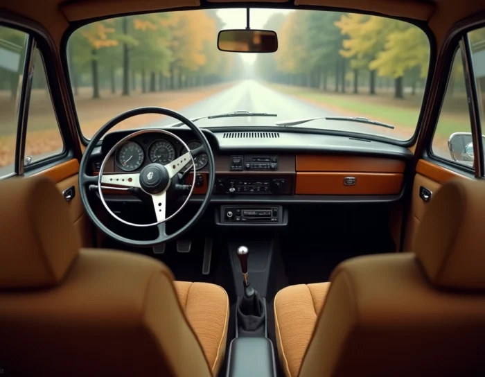 Intérieur d'une Renault 30 V8 d'époque avec tableau de bord analogique et sellerie velours côtelé