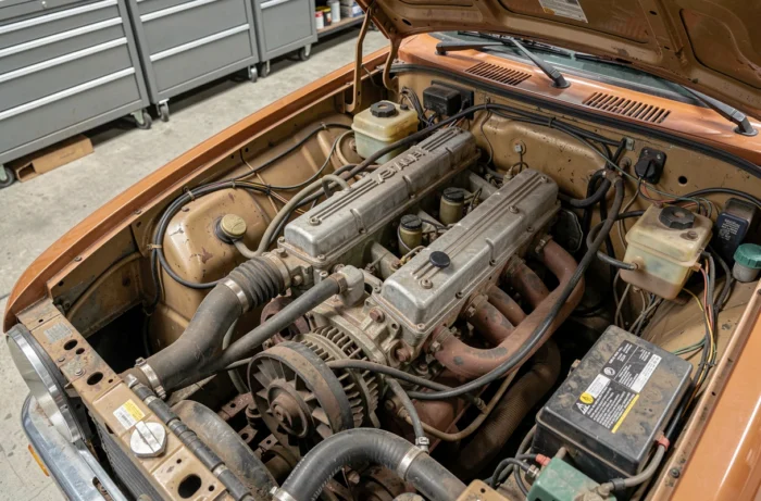 Moteur V6 PRV de la Renault 30 restaurée, vue du compartiment moteur en atelier