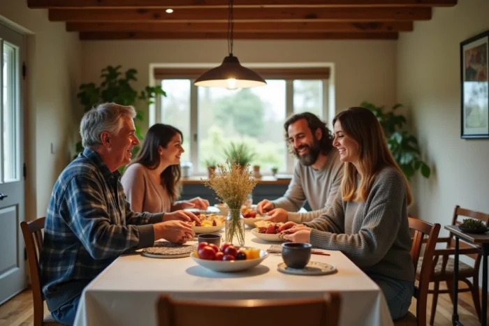 Famille réunie autour d'un petit-déjeuner convivial dans une salle à manger rustique