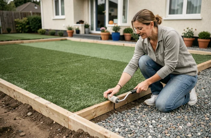Femme finalisant la pose d'un gazon synthétique dans un jardin en pressant les jointures avec un rouleau, résultat final de l'installation