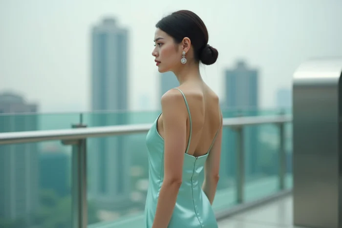 Femme en robe en satin bleu pâle inspirée de l'esthétique Tiffany sur une terrasse urbaine avec paysage de ville en arrière-plan