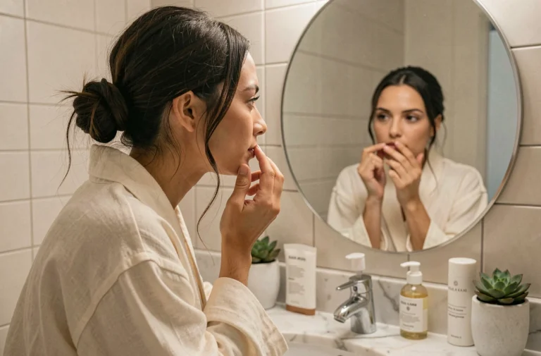 Femme appliquant une crème teintée devant un miroir de salle de bain lumineuse, routine beauté quotidienne tendance