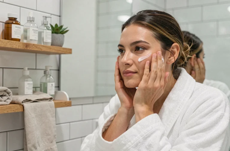 Femme appliquant une crème hydratante sur son visage dans une salle de bain moderne et épurée, routine beauté quotidienne