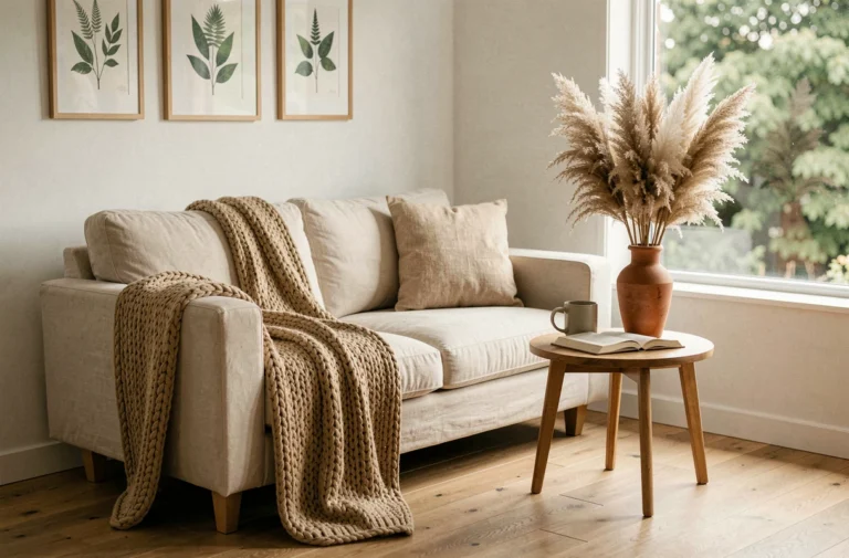Coin salon chaleureux avec canapé crème, plaid en laine et décoration naturelle en style scandinave