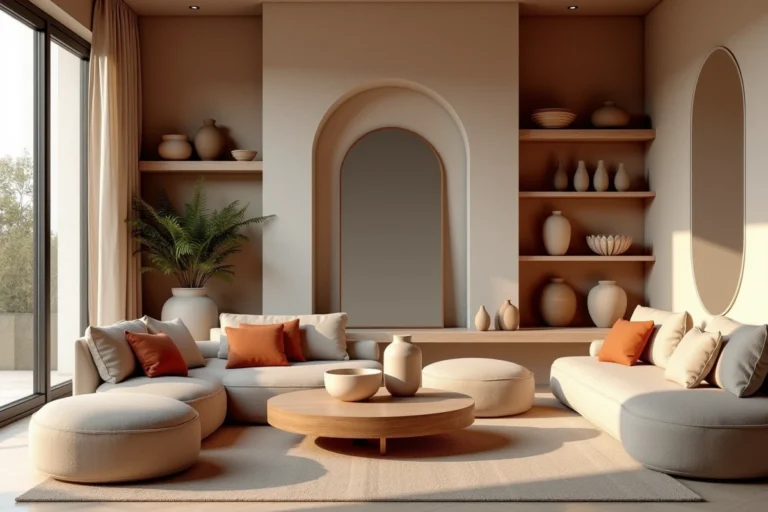 Salon contemporain stylé avec mobilier organique, accents terracotta, céramiques artisanales et miroir arqué pour un intérieur tendance