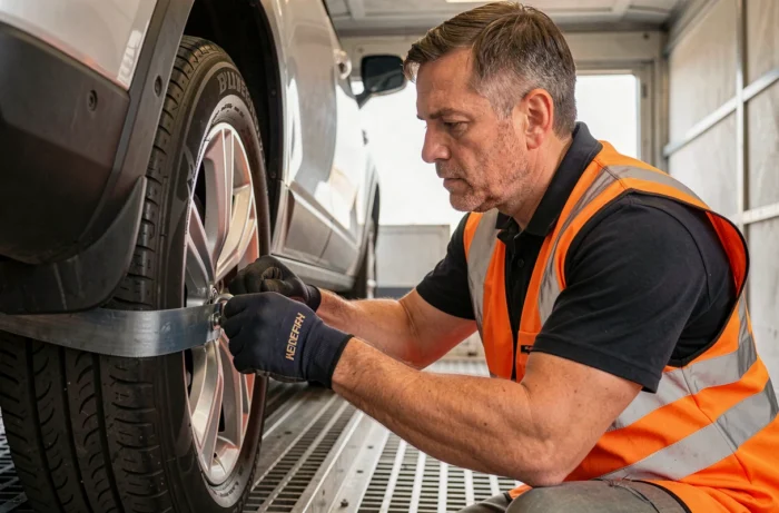 Technicien logistique fixant des sangles de sécurité sur un SUV à l'intérieur d'un camion de transport fermé