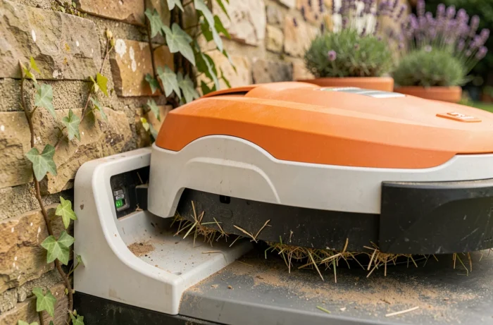 Station de charge de la tondeuse robot Gardena R50Li installée contre un mur de jardin en pierre avec des plantes en pot