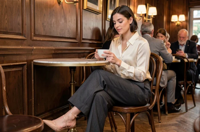 Femme stylée en pantalon large et blouse en soie attablée dans un café parisien élégant