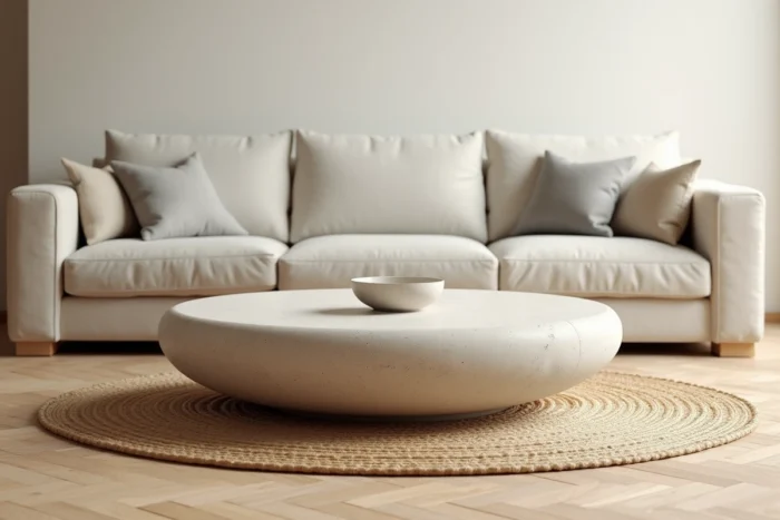 Table basse ronde en forme de galet à surface mate posée sur un tapis jute dans un salon minimaliste au parquet chêne clair