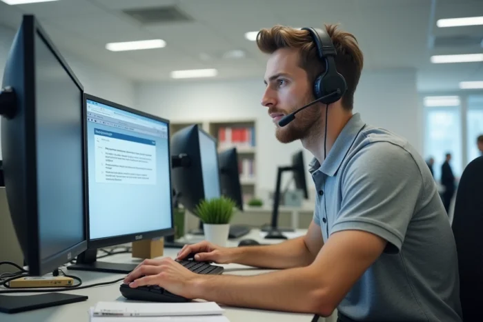 Technicien informatique résolvant un problème d'accès au webmail académique de Lyon sur ordinateur de bureau