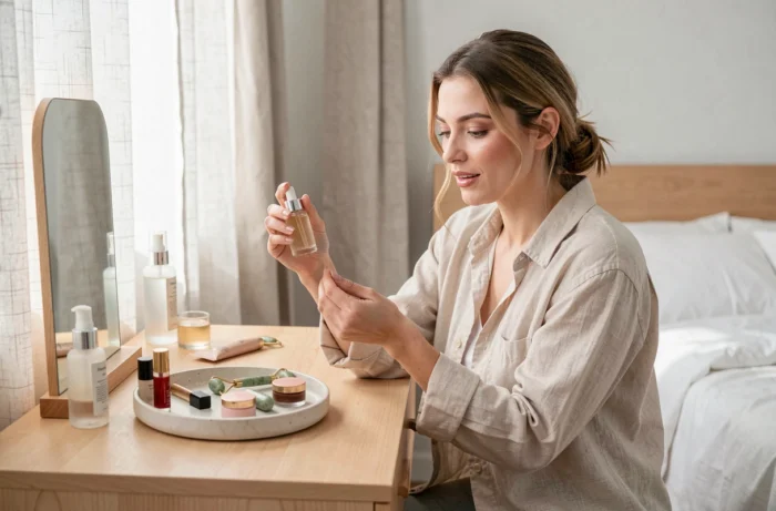 Jeune femme inspectant un sérum visage à sa coiffeuse dans une chambre style scandinave, tendances beauté modernes