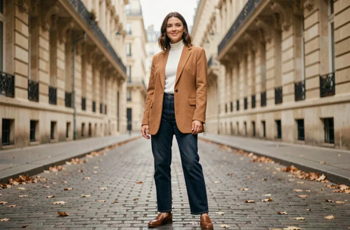 Femme élégante portant un blazer camel oversize et un jean droit dans une rue pavée parisienne, tendances mode automne 2024