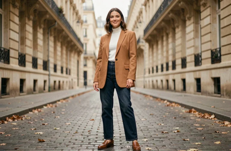 Femme élégante portant un blazer camel oversize et un jean droit dans une rue pavée parisienne, tendances mode automne 2024