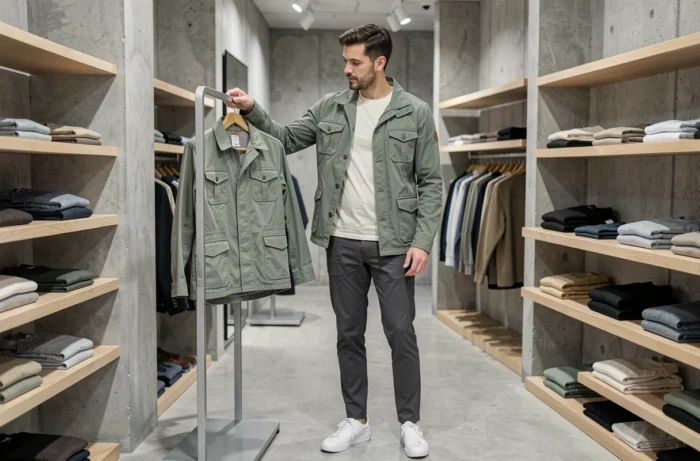 Homme jeune en veste utilitaire verte et chino gris dans un concept store minimaliste, inspirations mode masculine 2024