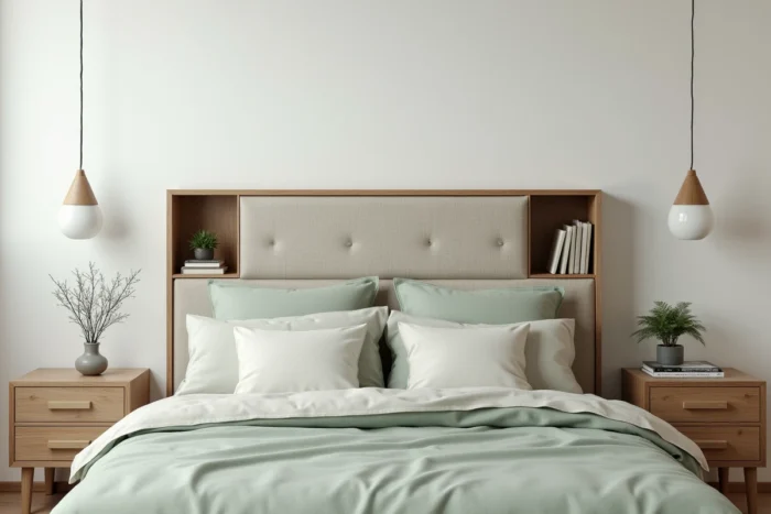 Tête de lit tapissée avec niches de rangement intégrées dans une chambre épurée aux tons lin et sauge