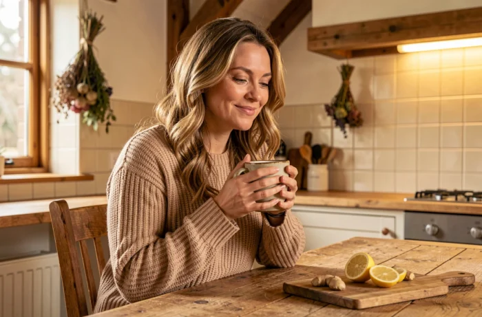 Femme dégustant une tisane dans une cuisine chaleureuse, soin du bien-être intérieur et habitudes saines au quotidien