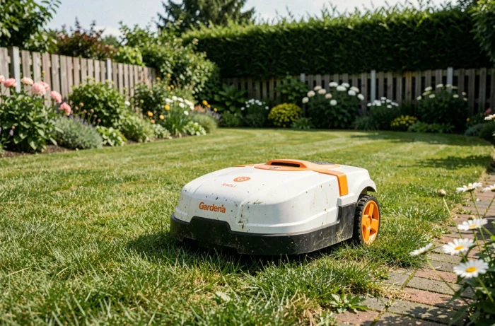 Tondeuse robot Gardena R50Li en train de tondre une pelouse résidentielle verte et bien entretenue dans un jardin européen
